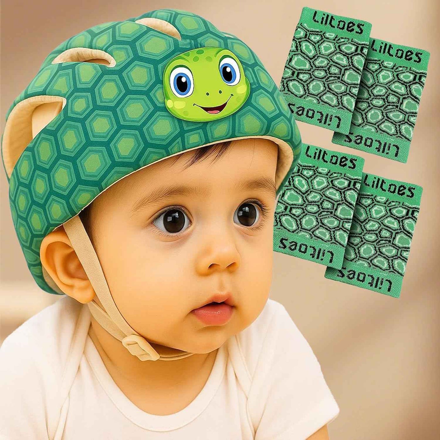 LILTOES Baby Head Protector for Safety of Kids 6M to 3 Years- Baby Safety Helmet with Proper Air Ventilation & Corner Guard Protection + 1 Pair Knee Pad + 1 Pair Elbow Pad (Yertle)