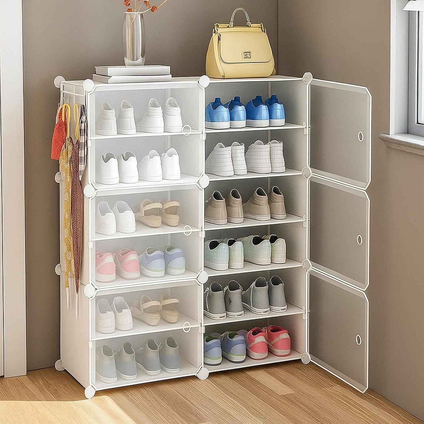 AYSIS Plastic Shoe Rack for Home | ๐๐ ๐๐ก๐๐ฅ๐ DIY Shoe Rack with Door for Home Storage Plastic Box Organizer, Metal Door Frame, Chappal Slipper Sandals Stand (Black, 12-Shelf-4-Door)