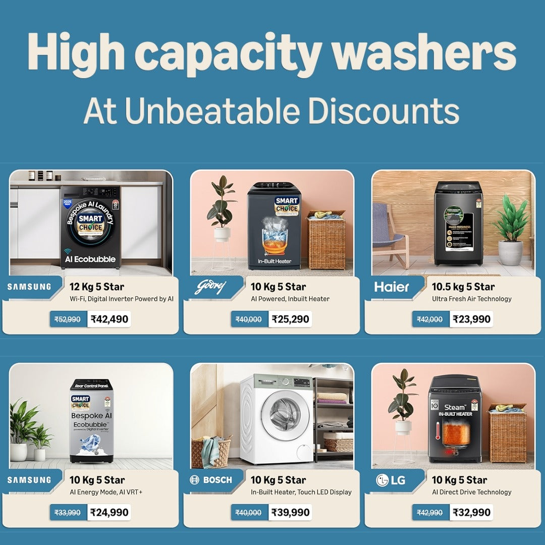 Amazon high capacity washing machines offers with Samsung, LG, Bosch, Haier, Godrej models and unbeatable discounts displayed for 2025