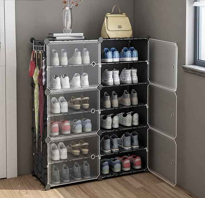 AYSIS Plastic Shoe Rack for Home | 𝟏𝟐 𝐒𝐡𝐞𝐥𝐟 DIY Shoe Rack with Door for Home Storage Plastic Box Organizer, Metal Door Frame, Chappal Slipper Sandals Stand (Black, 12-Shelf-4-Door)