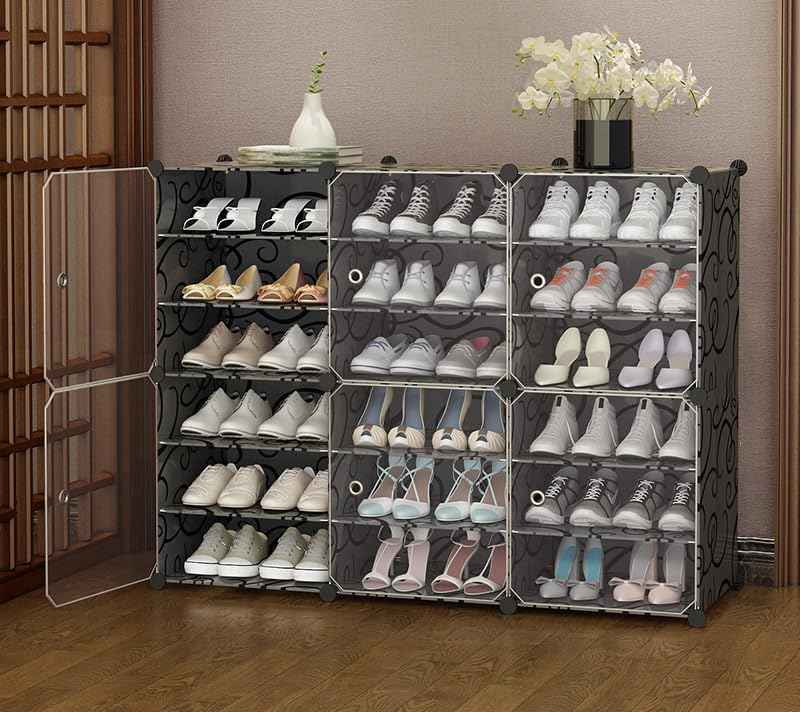 AYSIS Plastic Shoe Rack for Home | 𝟏𝟐 𝐒𝐡𝐞𝐥𝐟 DIY Shoe Rack with Door for Home Storage Plastic Box Organizer, Metal Door Frame, Chappal Slipper Sandals Stand (Black, 12-Shelf-4-Door)