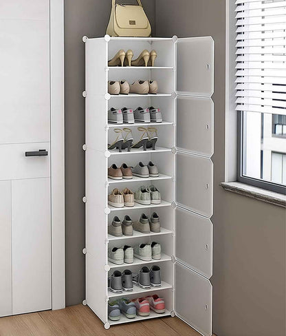 AYSIS Plastic Shoe Rack for Home | 𝟏𝟐 𝐒𝐡𝐞𝐥𝐟 DIY Shoe Rack with Door for Home Storage Plastic Box Organizer, Metal Door Frame, Chappal Slipper Sandals Stand (Black, 12-Shelf-4-Door)