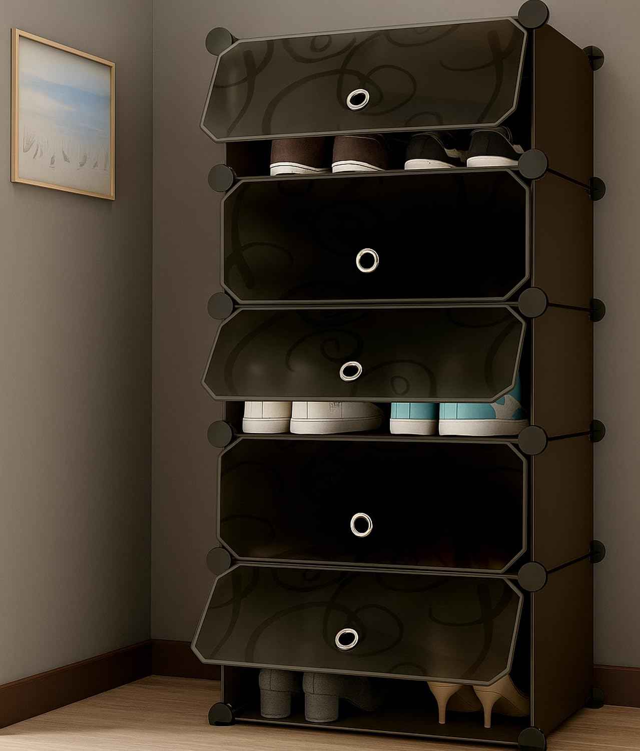 AYSIS Plastic Shoe Rack for Home | 𝟏𝟐 𝐒𝐡𝐞𝐥𝐟 DIY Shoe Rack with Door for Home Storage Plastic Box Organizer, Metal Door Frame, Chappal Slipper Sandals Stand (Black, 12-Shelf-4-Door)