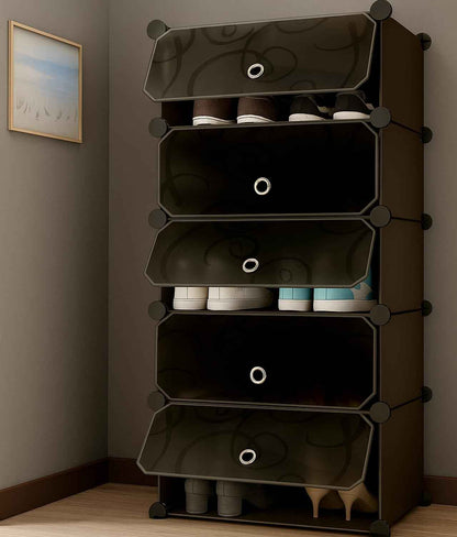 AYSIS Plastic Shoe Rack for Home | 𝟏𝟐 𝐒𝐡𝐞𝐥𝐟 DIY Shoe Rack with Door for Home Storage Plastic Box Organizer, Metal Door Frame, Chappal Slipper Sandals Stand (Black, 12-Shelf-4-Door)