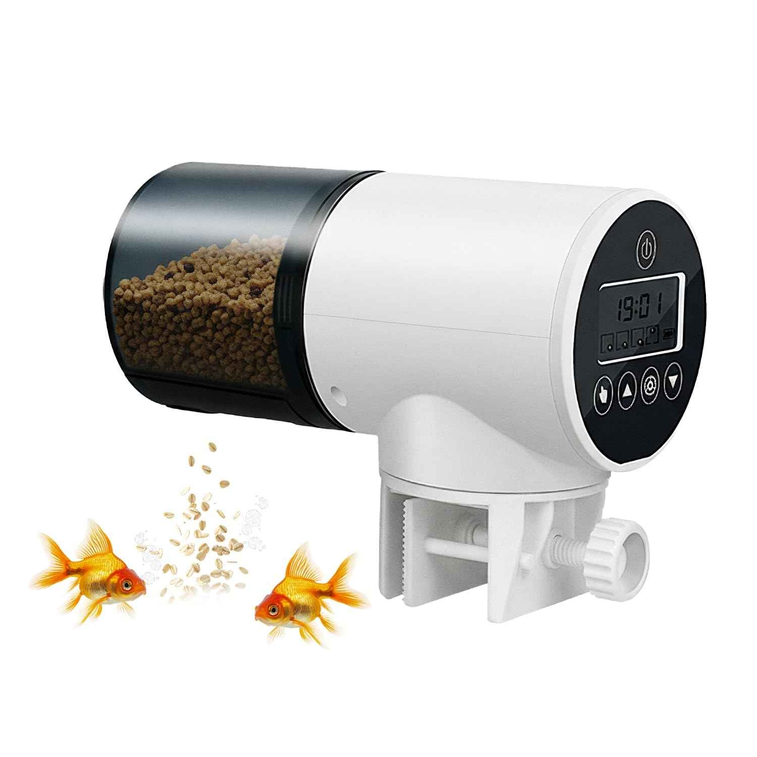 Amazon Basics Automatic Fish Feeder | Programmable 3-Way Timer (8H/12H/24H) | 360° Rotating Design | Works with Flakes, Pellets & Granules | for Aquariums, Tanks & Ponds