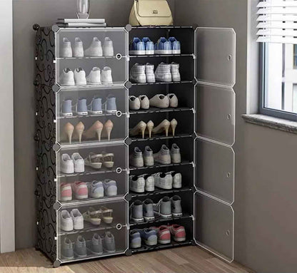 AYSIS Plastic Shoe Rack for Home | 𝟏𝟐 𝐒𝐡𝐞𝐥𝐟 DIY Shoe Rack with Door for Home Storage Plastic Box Organizer, Metal Door Frame, Chappal Slipper Sandals Stand (Black, 12-Shelf-4-Door)