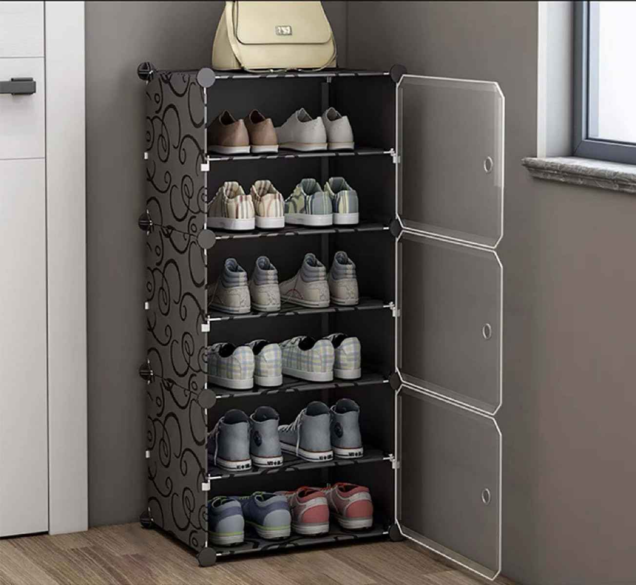AYSIS Plastic Shoe Rack for Home | 𝟏𝟐 𝐒𝐡𝐞𝐥𝐟 DIY Shoe Rack with Door for Home Storage Plastic Box Organizer, Metal Door Frame, Chappal Slipper Sandals Stand (Black, 12-Shelf-4-Door)
