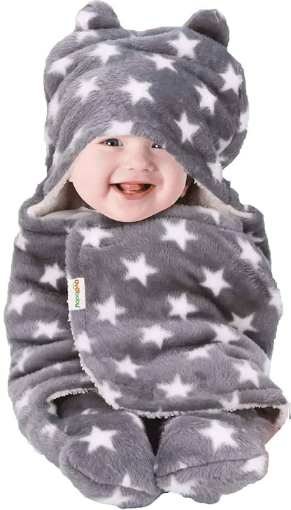 OYO BABY Newborn Hooded Swaddle Blanket Combo – Wearable Wrapper Sleeping Bags (0-6 Months, 72x68cm), Blue & White, I Love MOM & PAPA Embroidery