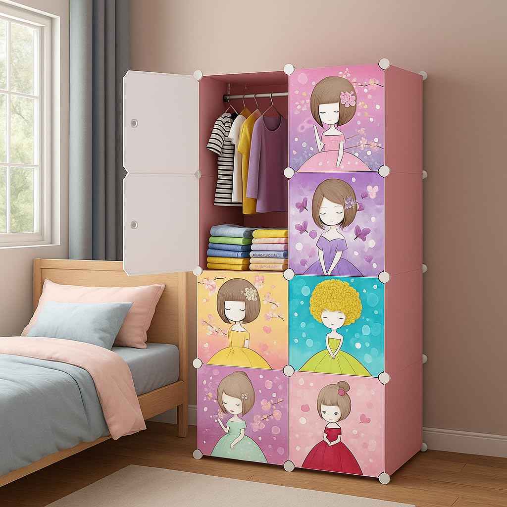 6+2 Door Kids Plastic Wardrobe for Clothes, Foldable Plastic Almirah for Toys & Clothes, Collapsible Wardrobe for Storage, Baby Cupboard for Clothes, Storage Rack for Kids - DAYNO Green