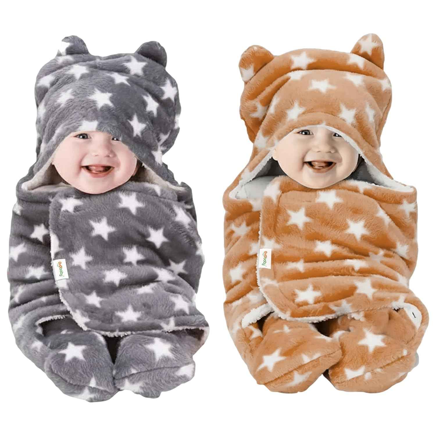 OYO BABY Newborn Hooded Swaddle Blanket Combo – Wearable Wrapper Sleeping Bags (0-6 Months, 72x68cm), Blue & White, I Love MOM & PAPA Embroidery