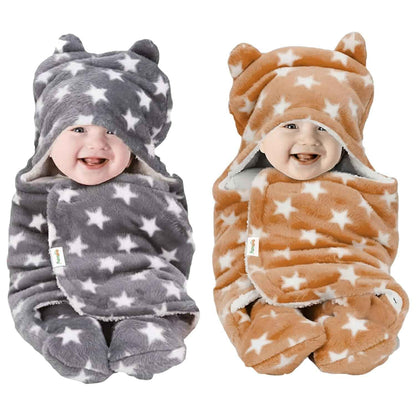 OYO BABY Newborn Hooded Swaddle Blanket Combo – Wearable Wrapper Sleeping Bags (0-6 Months, 72x68cm), Blue & White, I Love MOM & PAPA Embroidery