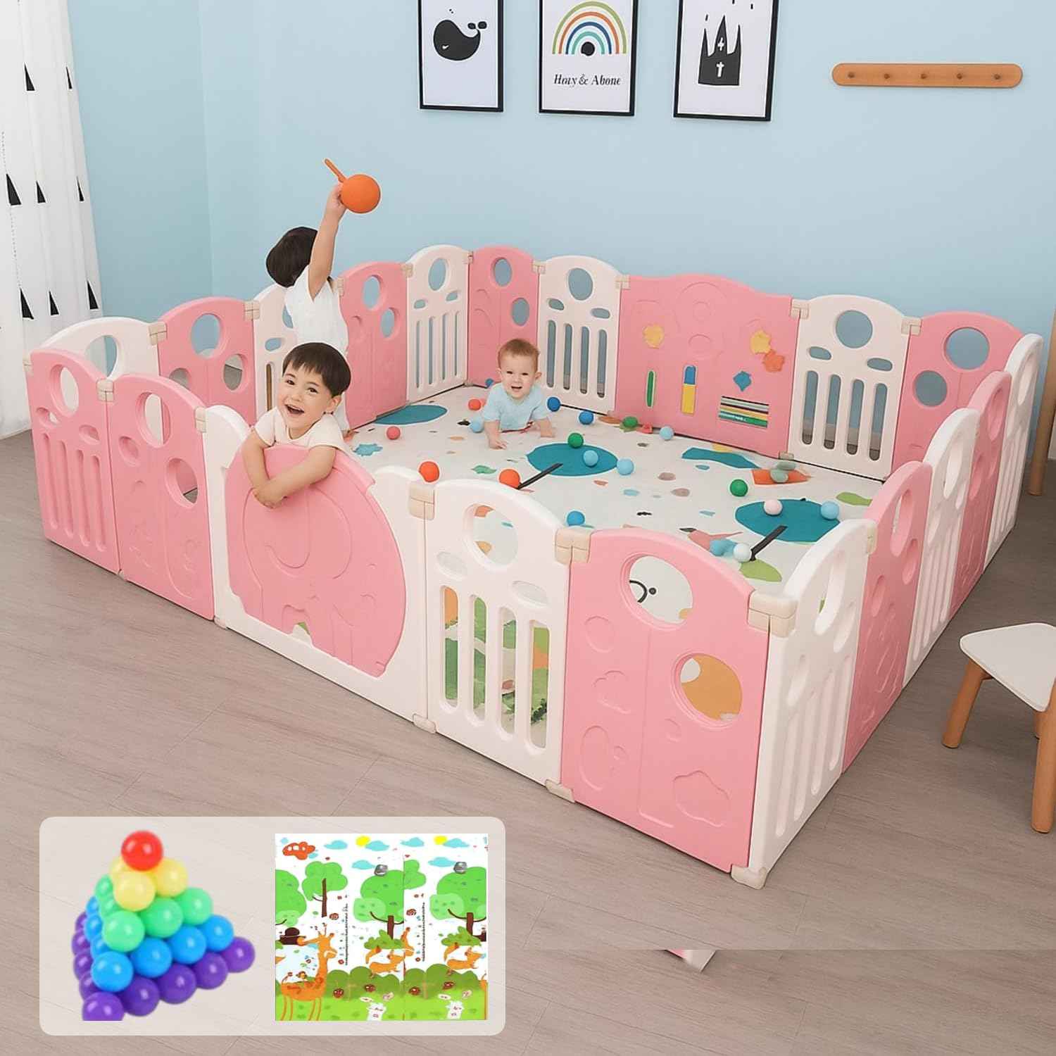 20 panel Playpen for Babies upto 5 year with Mat and Balls Foldable Baby Play Area Indoor Setup Play Yard Fence for Toddlers Kids Playarea Setup Outdoor Children Play Area with Gate (6.1 * 7.2 ft=44 SQFT, Grey)