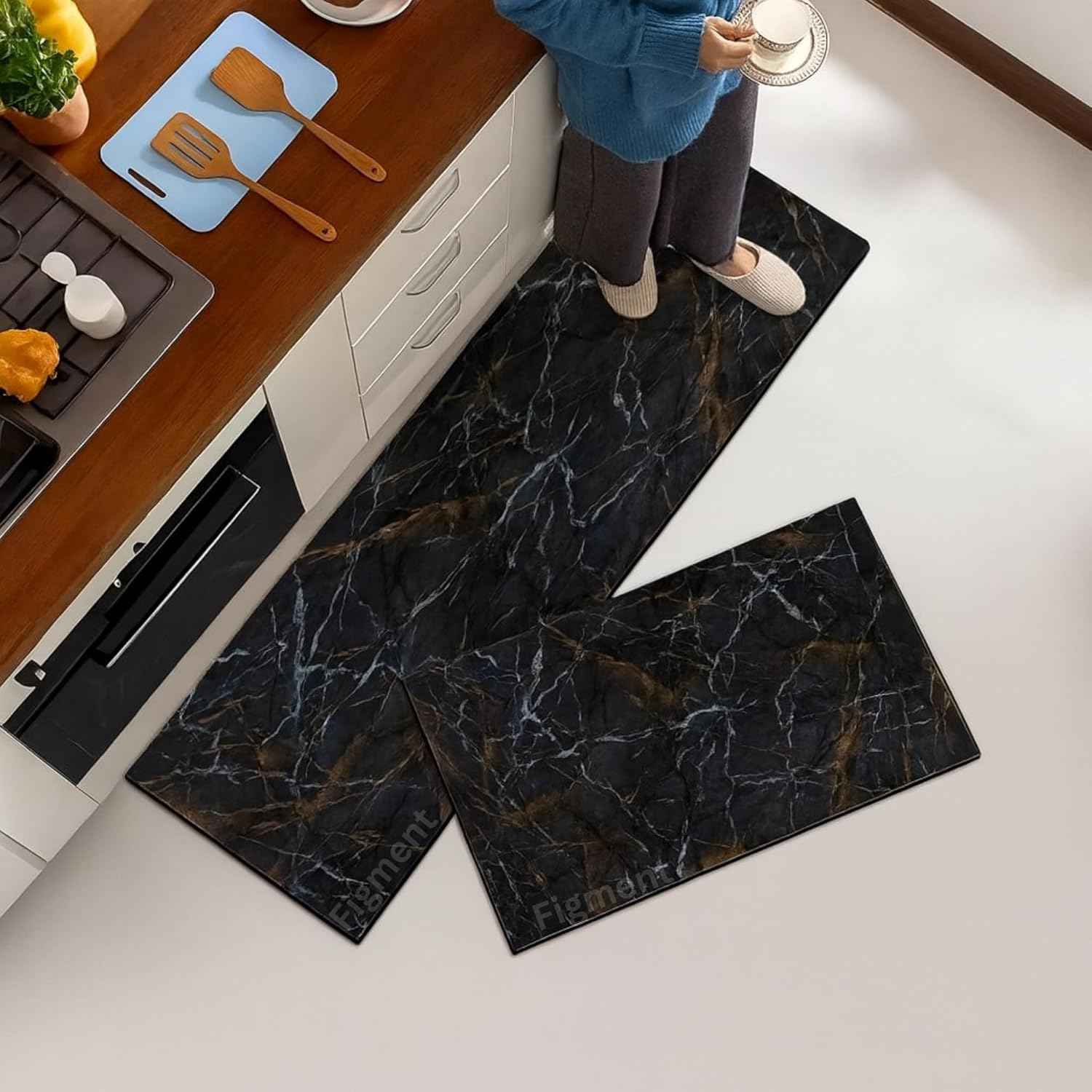 Figment 2 Pcs Kitchen Mats - Waterproof Memory Foam Standing Desk Floor Mat Non Slip Kitchen Rugs, Comfort Runner Rug Floor Mat Carpets for Kitchen Home Office, Sink & Laundry(118 * 38 cm, 58 * 38 cm)