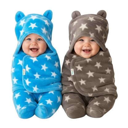 OYO BABY Newborn Hooded Swaddle Blanket Combo – Wearable Wrapper Sleeping Bags (0-6 Months, 72x68cm), Blue & White, I Love MOM & PAPA Embroidery