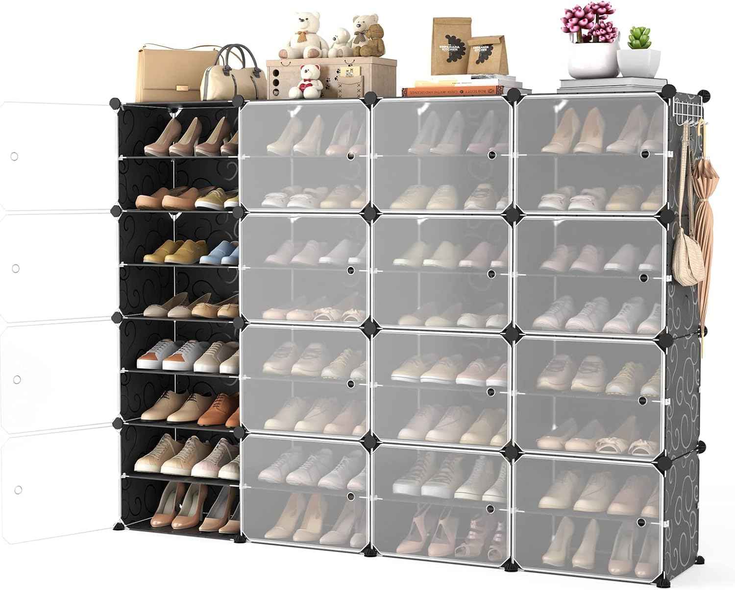 AYSIS Plastic Shoe Rack for Home | 𝟏𝟐 𝐒𝐡𝐞𝐥𝐟 DIY Shoe Rack with Door for Home Storage Plastic Box Organizer, Metal Door Frame, Chappal Slipper Sandals Stand (Black, 12-Shelf-4-Door)