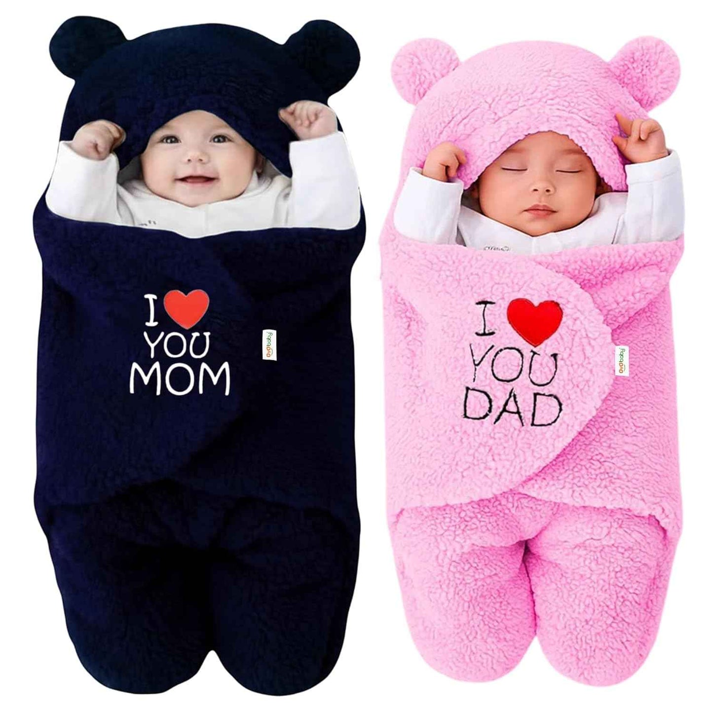 OYO BABY Newborn Hooded Swaddle Blanket Combo – Wearable Wrapper Sleeping Bags (0-6 Months, 72x68cm), Blue & White, I Love MOM & PAPA Embroidery