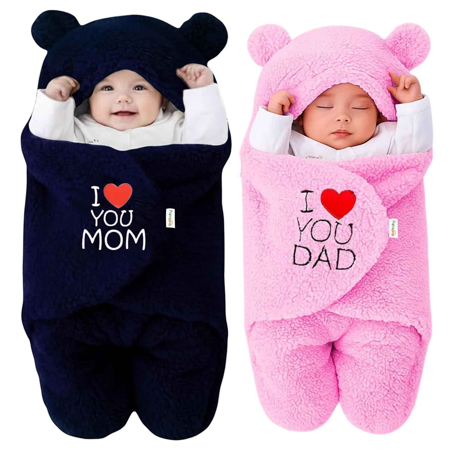 OYO BABY Newborn Hooded Swaddle Blanket Combo – Wearable Wrapper Sleeping Bags (0-6 Months, 72x68cm), Blue & White, I Love MOM & PAPA Embroidery