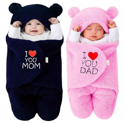 OYO BABY Newborn Hooded Swaddle Blanket Combo – Wearable Wrapper Sleeping Bags (0-6 Months, 72x68cm), Blue & White, I Love MOM & PAPA Embroidery