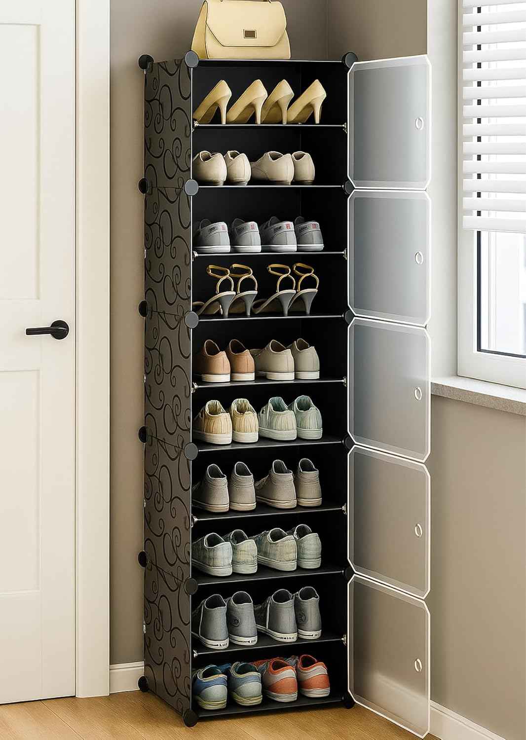 AYSIS Plastic Shoe Rack for Home | 𝟏𝟐 𝐒𝐡𝐞𝐥𝐟 DIY Shoe Rack with Door for Home Storage Plastic Box Organizer, Metal Door Frame, Chappal Slipper Sandals Stand (Black, 12-Shelf-4-Door)