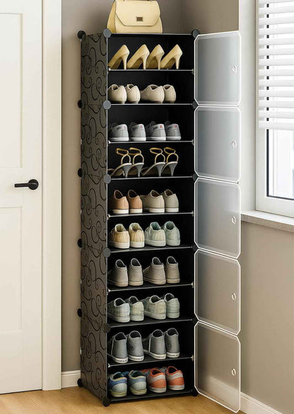 AYSIS Plastic Shoe Rack for Home | 𝟏𝟐 𝐒𝐡𝐞𝐥𝐟 DIY Shoe Rack with Door for Home Storage Plastic Box Organizer, Metal Door Frame, Chappal Slipper Sandals Stand (Black, 12-Shelf-4-Door)
