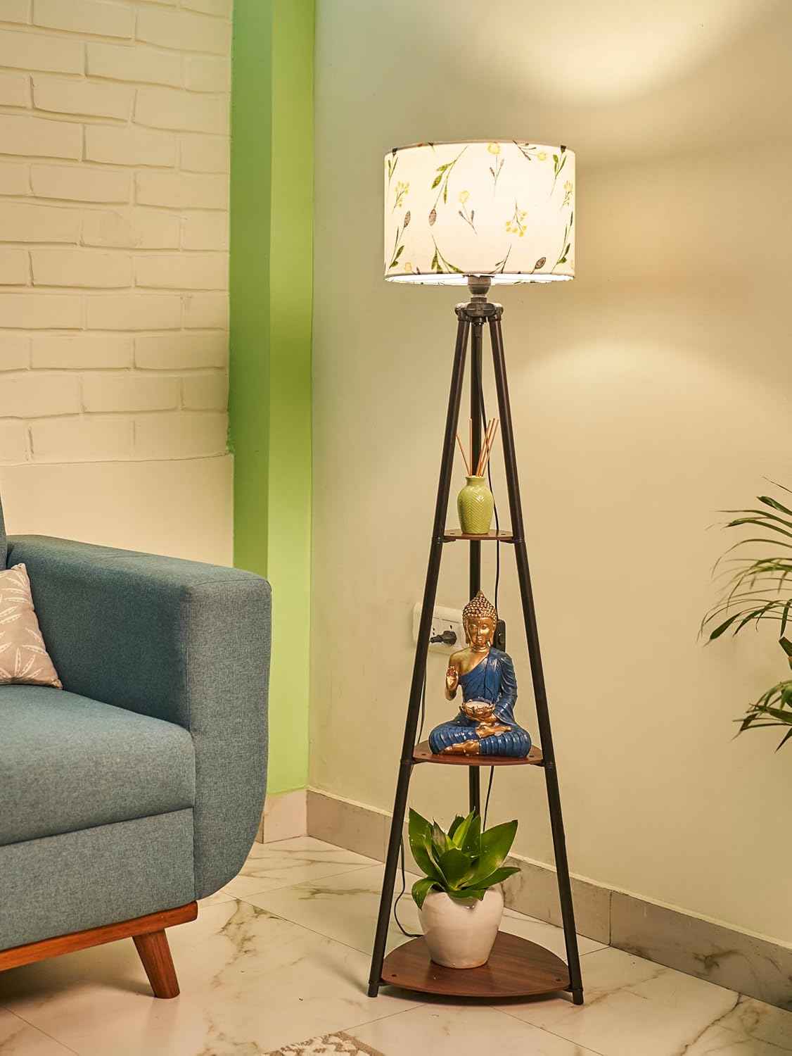 Crosscut Furniture LED Tripod Floor Lamp with 3 Shelves, Brown Jute, Metal Corner Floor Lamp, for Decoration and Gifting
