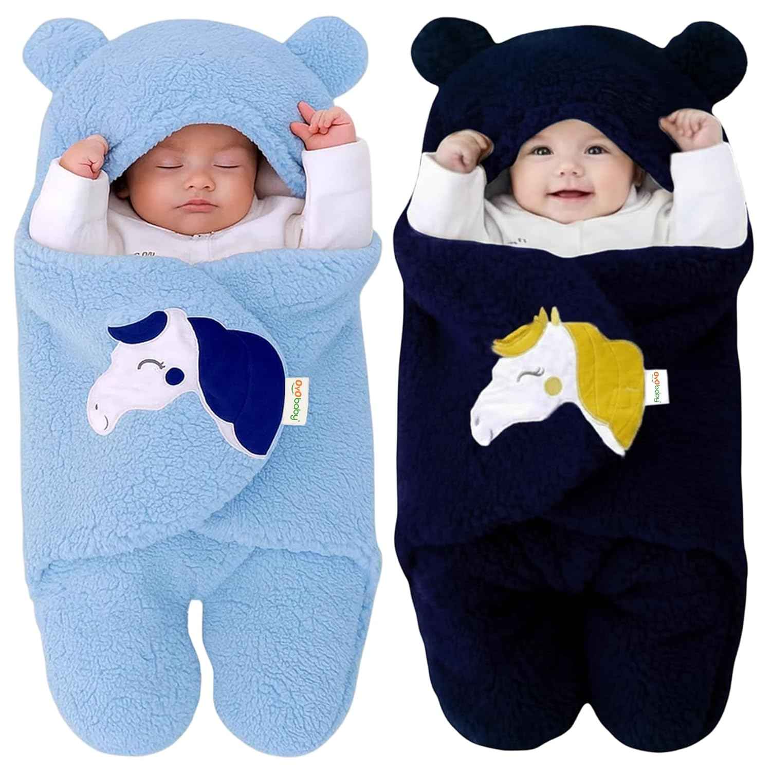 OYO BABY Newborn Hooded Swaddle Blanket Combo – Wearable Wrapper Sleeping Bags (0-6 Months, 72x68cm), Blue & White, I Love MOM & PAPA Embroidery