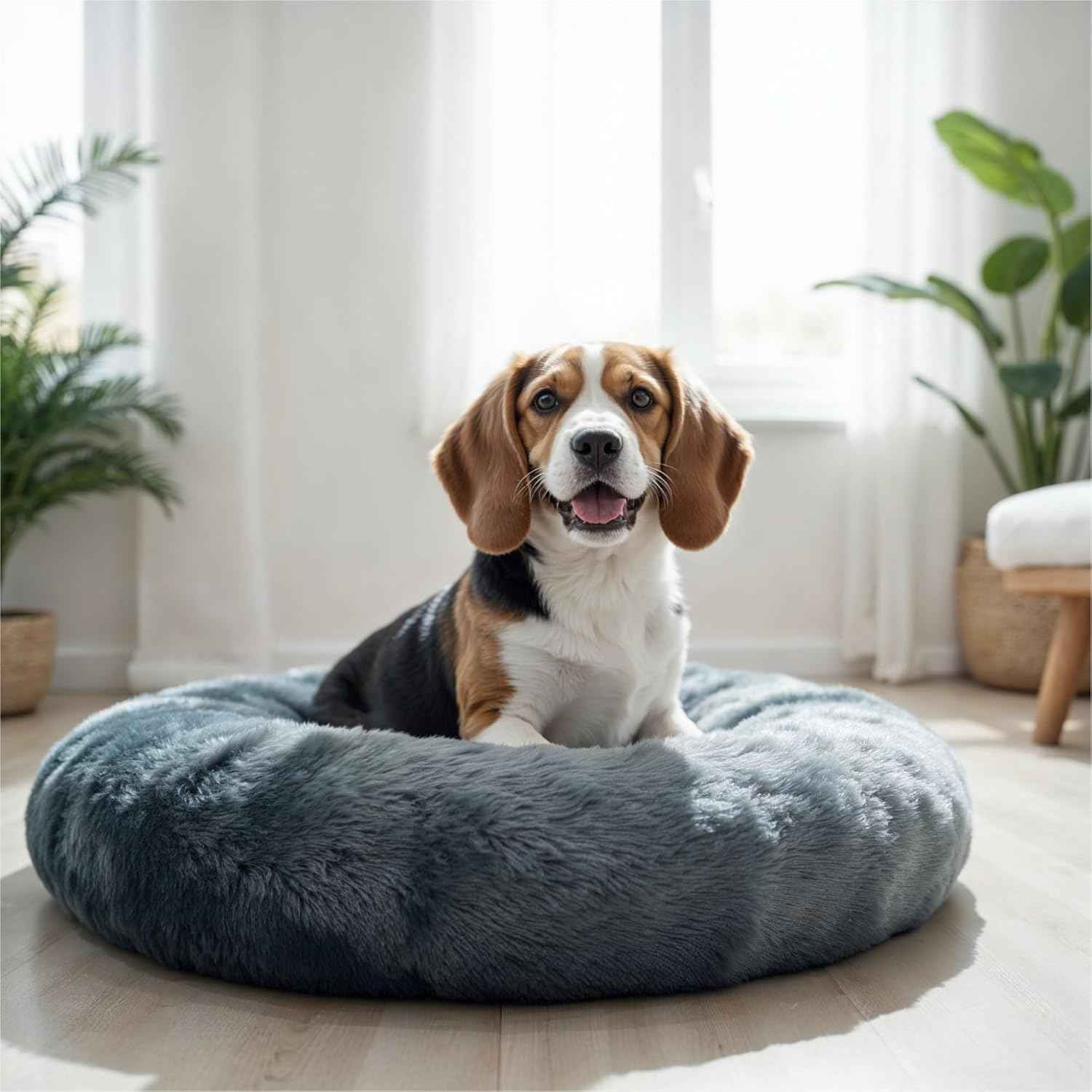 WOW DOG Calming Donut Bed for X-Large Dogs & Cats – 36"x36"x7" | Ultra-Soft Blue Gray Faux Fur | Anti-Anxiety Pet Bed for Cozy Deep Sleep