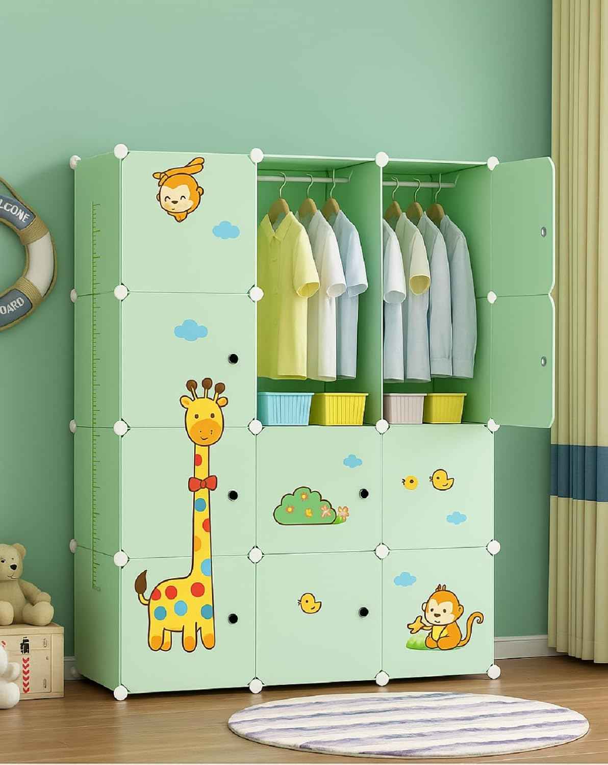 6+2 Door Kids Plastic Wardrobe for Clothes, Foldable Plastic Almirah for Toys & Clothes, Collapsible Wardrobe for Storage, Baby Cupboard for Clothes, Storage Rack for Kids - DAYNO Green