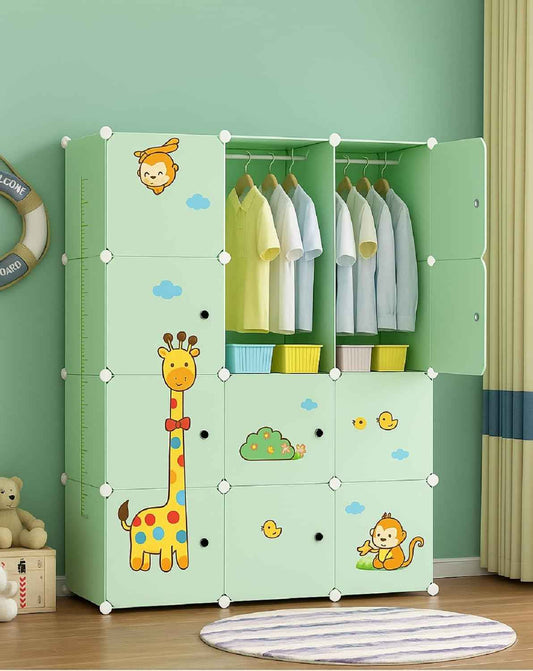 6+2 Door Kids Plastic Wardrobe for Clothes, Foldable Plastic Almirah for Toys & Clothes, Collapsible Wardrobe for Storage, Baby Cupboard for Clothes, Storage Rack for Kids - DAYNO Green