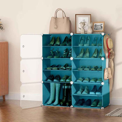 AYSIS Plastic Shoe Rack for Home | 𝟏𝟐 𝐒𝐡𝐞𝐥𝐟 DIY Shoe Rack with Door for Home Storage Plastic Box Organizer, Metal Door Frame, Chappal Slipper Sandals Stand (Black, 12-Shelf-4-Door)