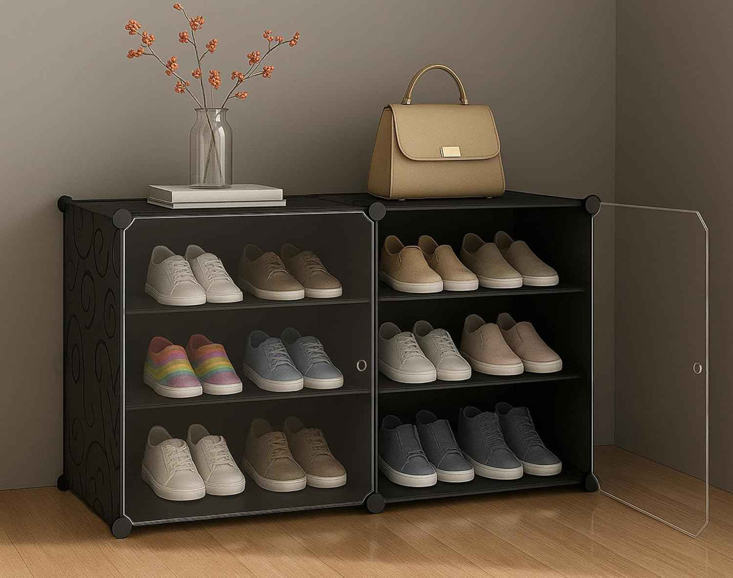 AYSIS Plastic Shoe Rack for Home | 𝟏𝟐 𝐒𝐡𝐞𝐥𝐟 DIY Shoe Rack with Door for Home Storage Plastic Box Organizer, Metal Door Frame, Chappal Slipper Sandals Stand (Black, 12-Shelf-4-Door)