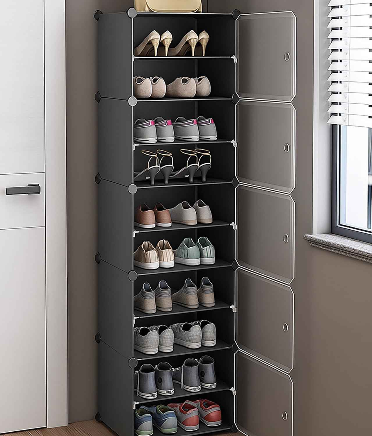AYSIS Plastic Shoe Rack for Home | 𝟏𝟐 𝐒𝐡𝐞𝐥𝐟 DIY Shoe Rack with Door for Home Storage Plastic Box Organizer, Metal Door Frame, Chappal Slipper Sandals Stand (Black, 12-Shelf-4-Door)