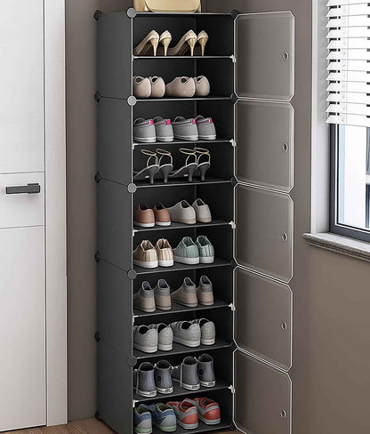AYSIS Plastic Shoe Rack for Home | 𝟏𝟐 𝐒𝐡𝐞𝐥𝐟 DIY Shoe Rack with Door for Home Storage Plastic Box Organizer, Metal Door Frame, Chappal Slipper Sandals Stand (Black, 12-Shelf-4-Door)
