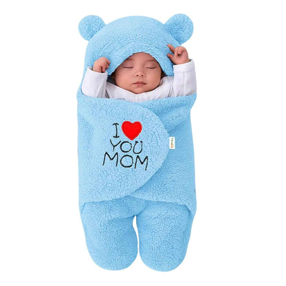 OYO BABY Newborn Hooded Swaddle Blanket Combo – Wearable Wrapper Sleeping Bags (0-6 Months, 72x68cm), Blue & White, I Love MOM & PAPA Embroidery