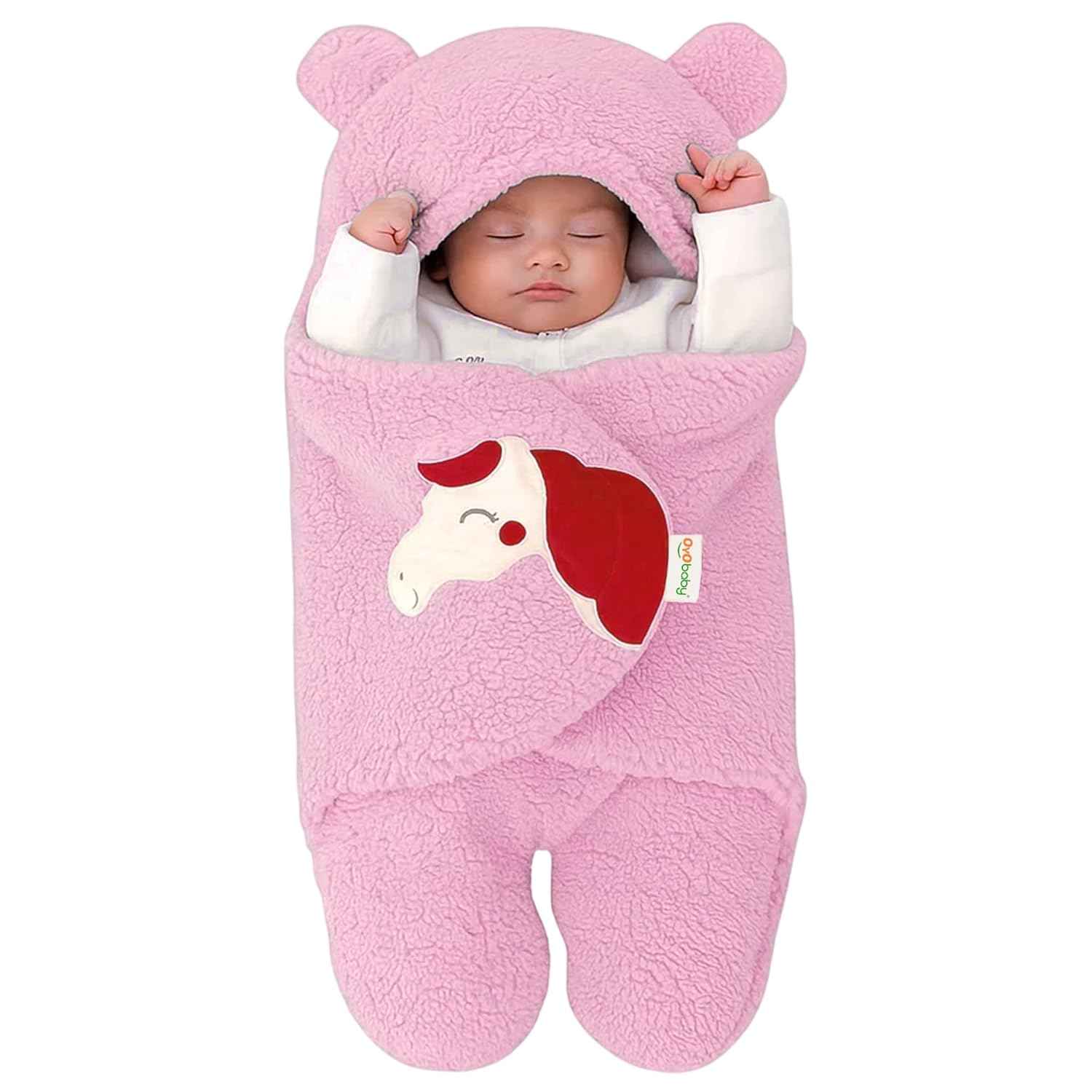 OYO BABY Newborn Hooded Swaddle Blanket Combo – Wearable Wrapper Sleeping Bags (0-6 Months, 72x68cm), Blue & White, I Love MOM & PAPA Embroidery