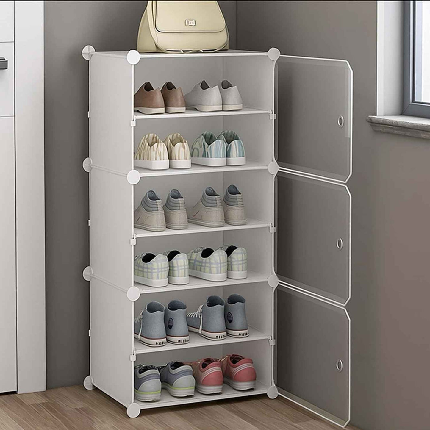 AYSIS Plastic Shoe Rack for Home | 𝟏𝟐 𝐒𝐡𝐞𝐥𝐟 DIY Shoe Rack with Door for Home Storage Plastic Box Organizer, Metal Door Frame, Chappal Slipper Sandals Stand (Black, 12-Shelf-4-Door)