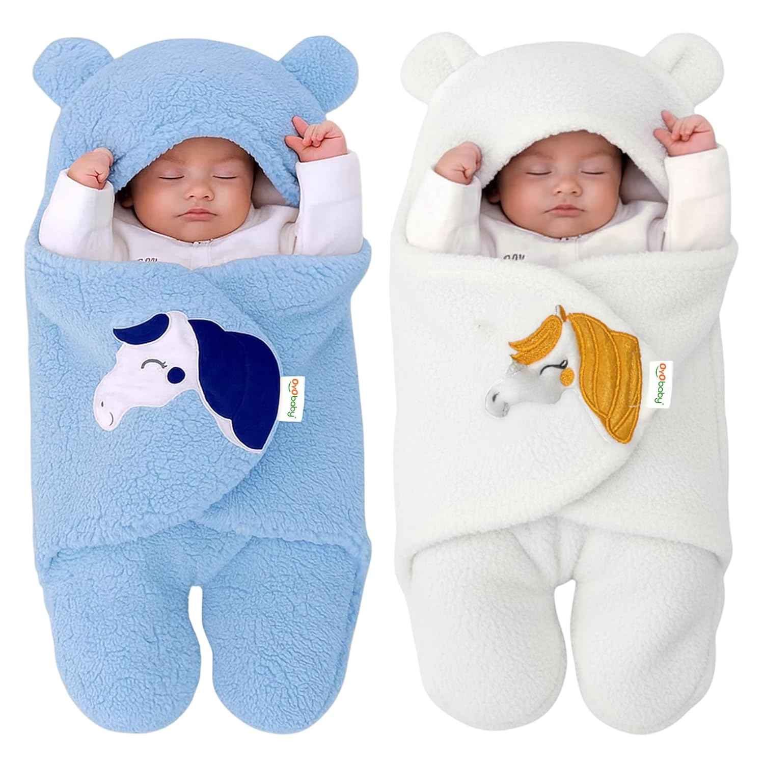 OYO BABY Newborn Hooded Swaddle Blanket Combo – Wearable Wrapper Sleeping Bags (0-6 Months, 72x68cm), Blue & White, I Love MOM & PAPA Embroidery