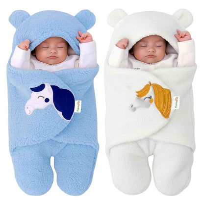 OYO BABY Newborn Hooded Swaddle Blanket Combo – Wearable Wrapper Sleeping Bags (0-6 Months, 72x68cm), Blue & White, I Love MOM & PAPA Embroidery