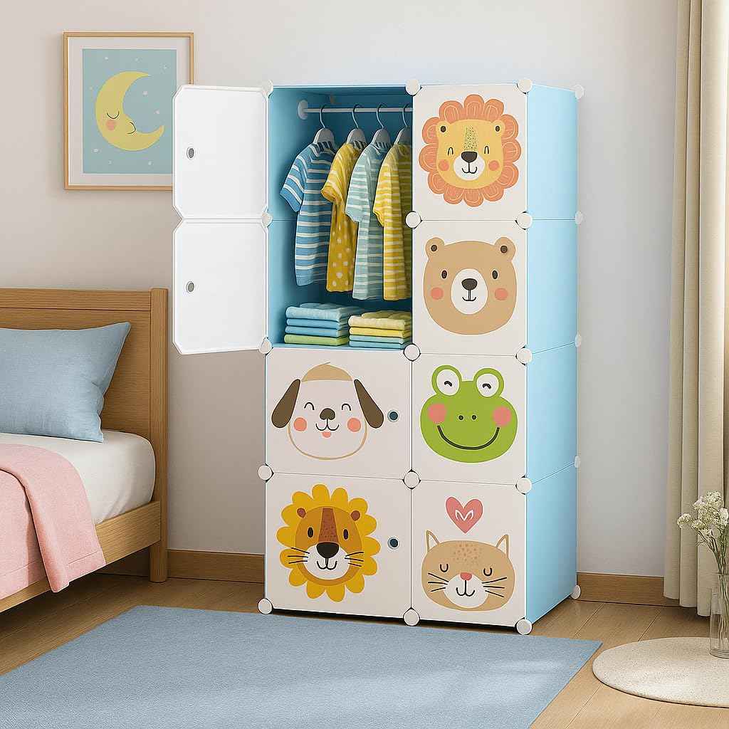 6+2 Door Kids Plastic Wardrobe for Clothes, Foldable Plastic Almirah for Toys & Clothes, Collapsible Wardrobe for Storage, Baby Cupboard for Clothes, Storage Rack for Kids - DAYNO Green