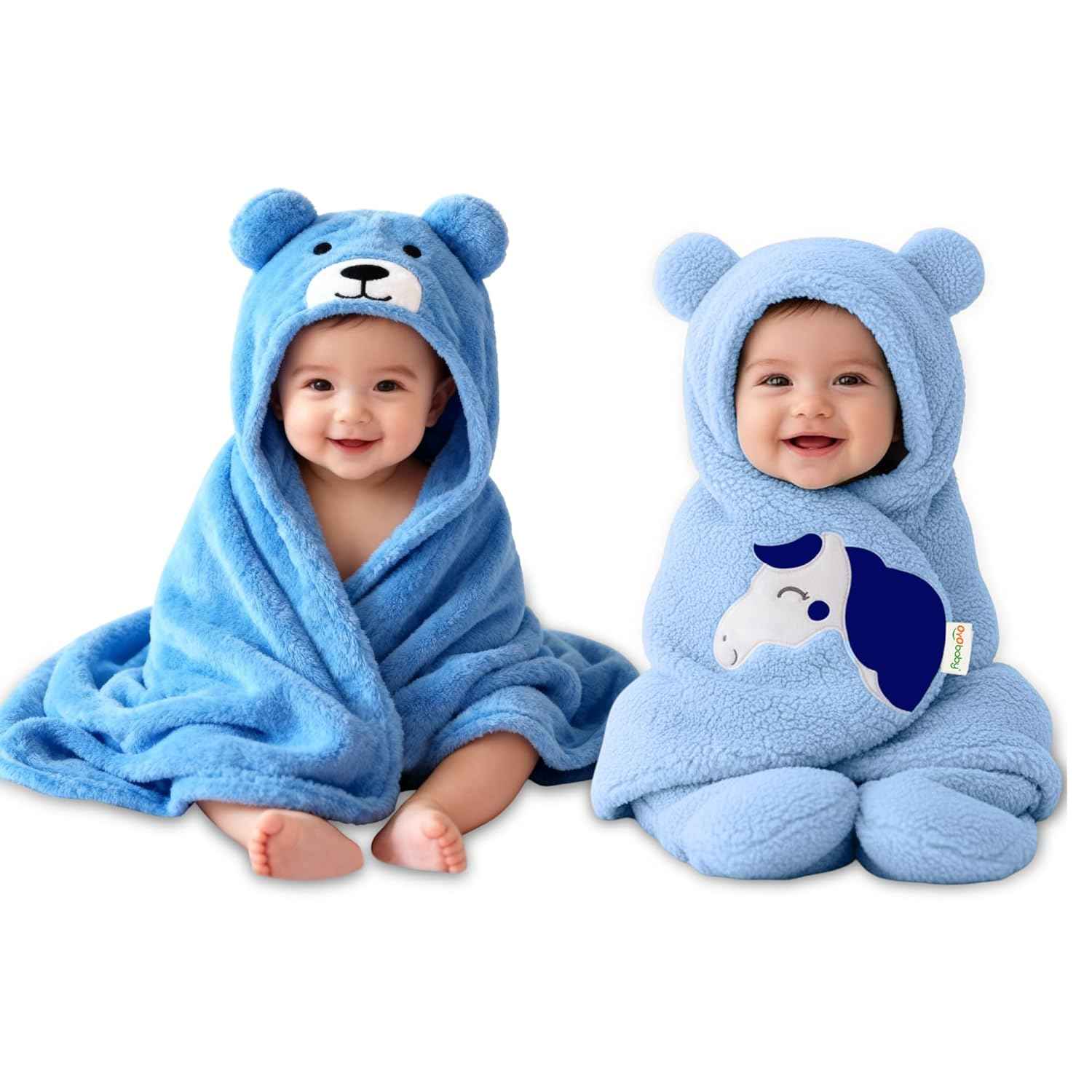 OYO BABY Newborn Hooded Swaddle Blanket Combo – Wearable Wrapper Sleeping Bags (0-6 Months, 72x68cm), Blue & White, I Love MOM & PAPA Embroidery