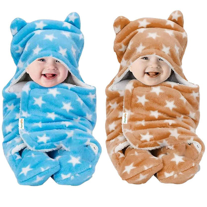 OYO BABY Newborn Hooded Swaddle Blanket Combo – Wearable Wrapper Sleeping Bags (0-6 Months, 72x68cm), Blue & White, I Love MOM & PAPA Embroidery
