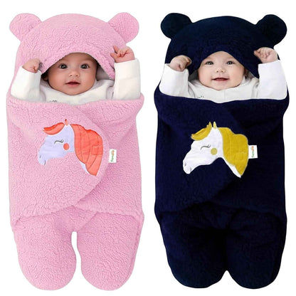 OYO BABY Newborn Hooded Swaddle Blanket Combo – Wearable Wrapper Sleeping Bags (0-6 Months, 72x68cm), Blue & White, I Love MOM & PAPA Embroidery