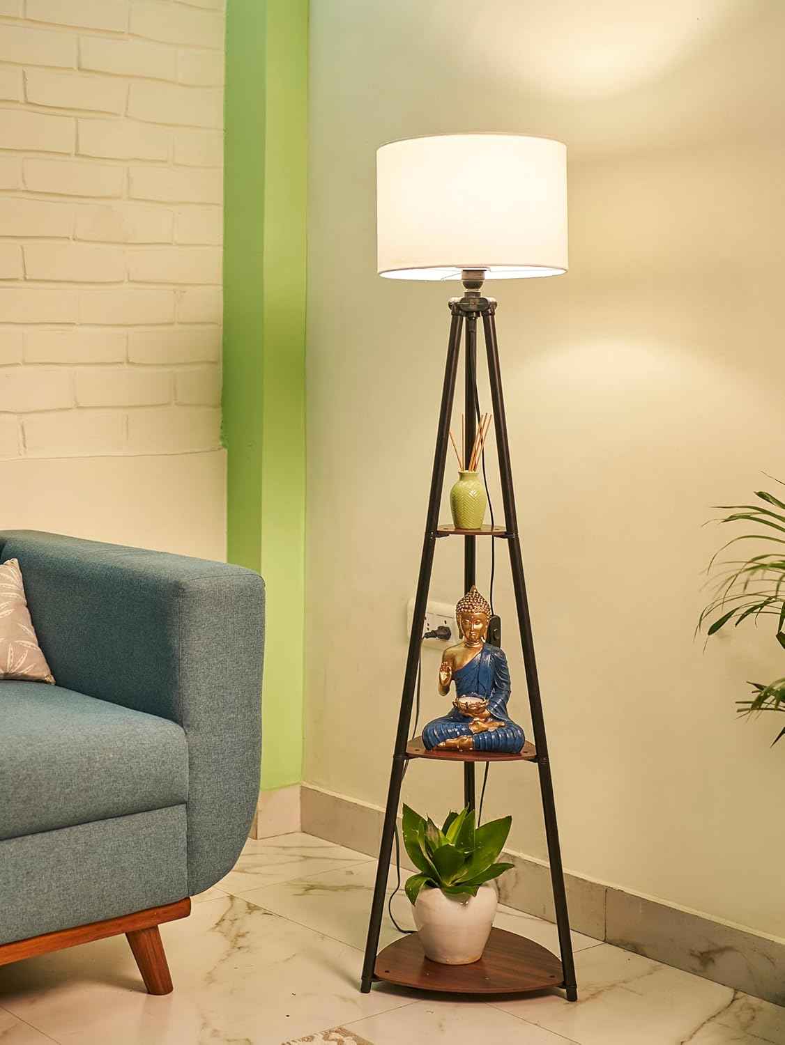 Crosscut Furniture LED Tripod Floor Lamp with 3 Shelves, Brown Jute, Metal Corner Floor Lamp, for Decoration and Gifting