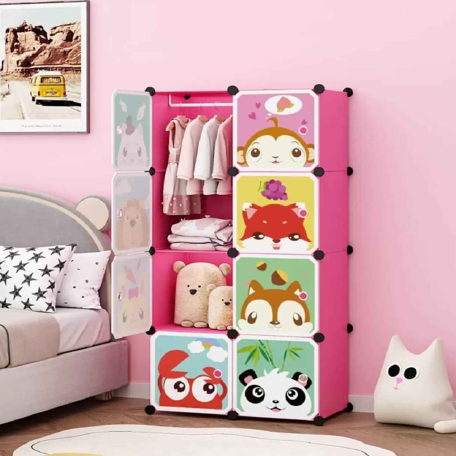 6+2 Door Kids Plastic Wardrobe for Clothes, Foldable Plastic Almirah for Toys & Clothes, Collapsible Wardrobe for Storage, Baby Cupboard for Clothes, Storage Rack for Kids - DAYNO Green