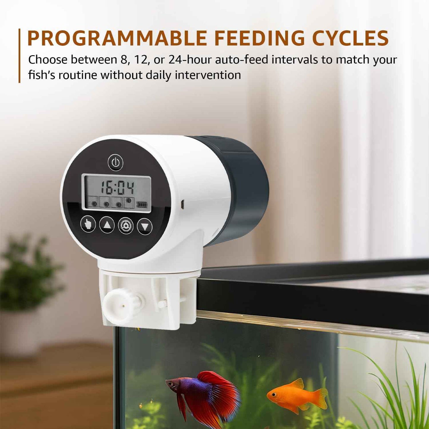 Amazon Basics Automatic Fish Feeder | Programmable 3-Way Timer (8H/12H/24H) | 360° Rotating Design | Works with Flakes, Pellets & Granules | for Aquariums, Tanks & Ponds