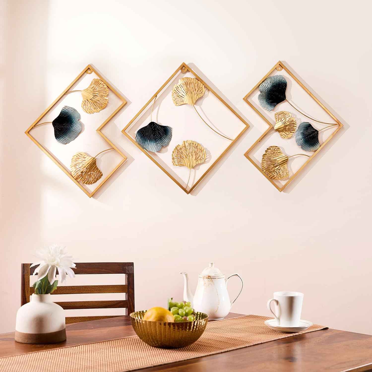 Amazon Brand - Solimo Leaves Metal Wall Decor | Elegant Nature-Inspired Iron Wall Hanging | Sturdy Iron | Wall Hanging | Wall Décor | Easy Installation | 37 x 25 cm Each | Set of 3