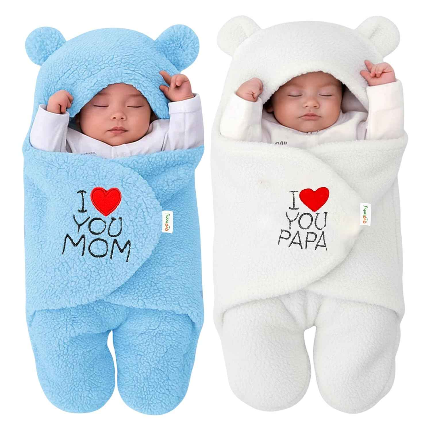 OYO BABY Newborn Hooded Swaddle Blanket Combo – Wearable Wrapper Sleeping Bags (0-6 Months, 72x68cm), Blue & White, I Love MOM & PAPA Embroidery