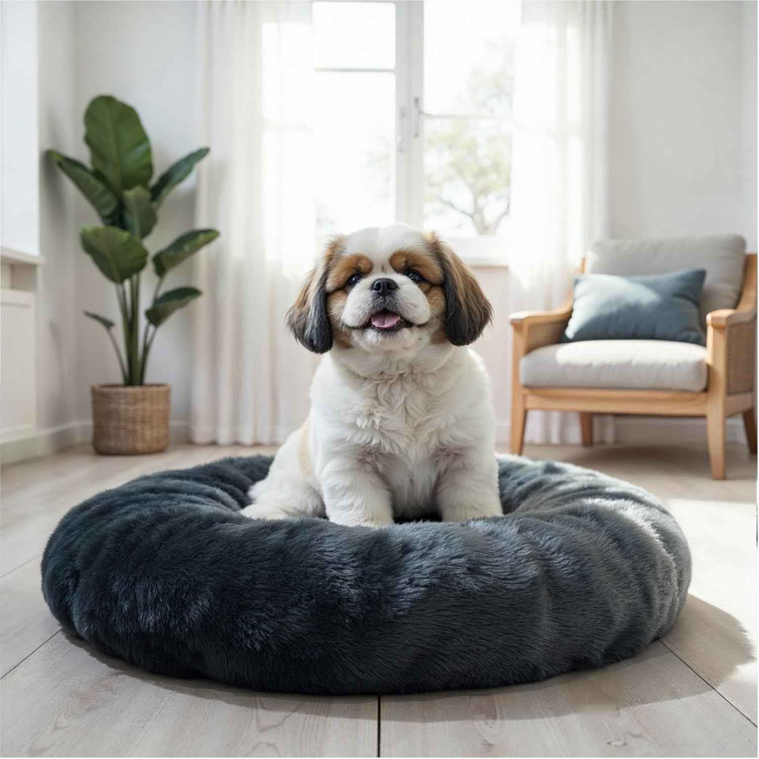 WOW DOG Calming Donut Bed for X-Large Dogs & Cats – 36"x36"x7" | Ultra-Soft Blue Gray Faux Fur | Anti-Anxiety Pet Bed for Cozy Deep Sleep