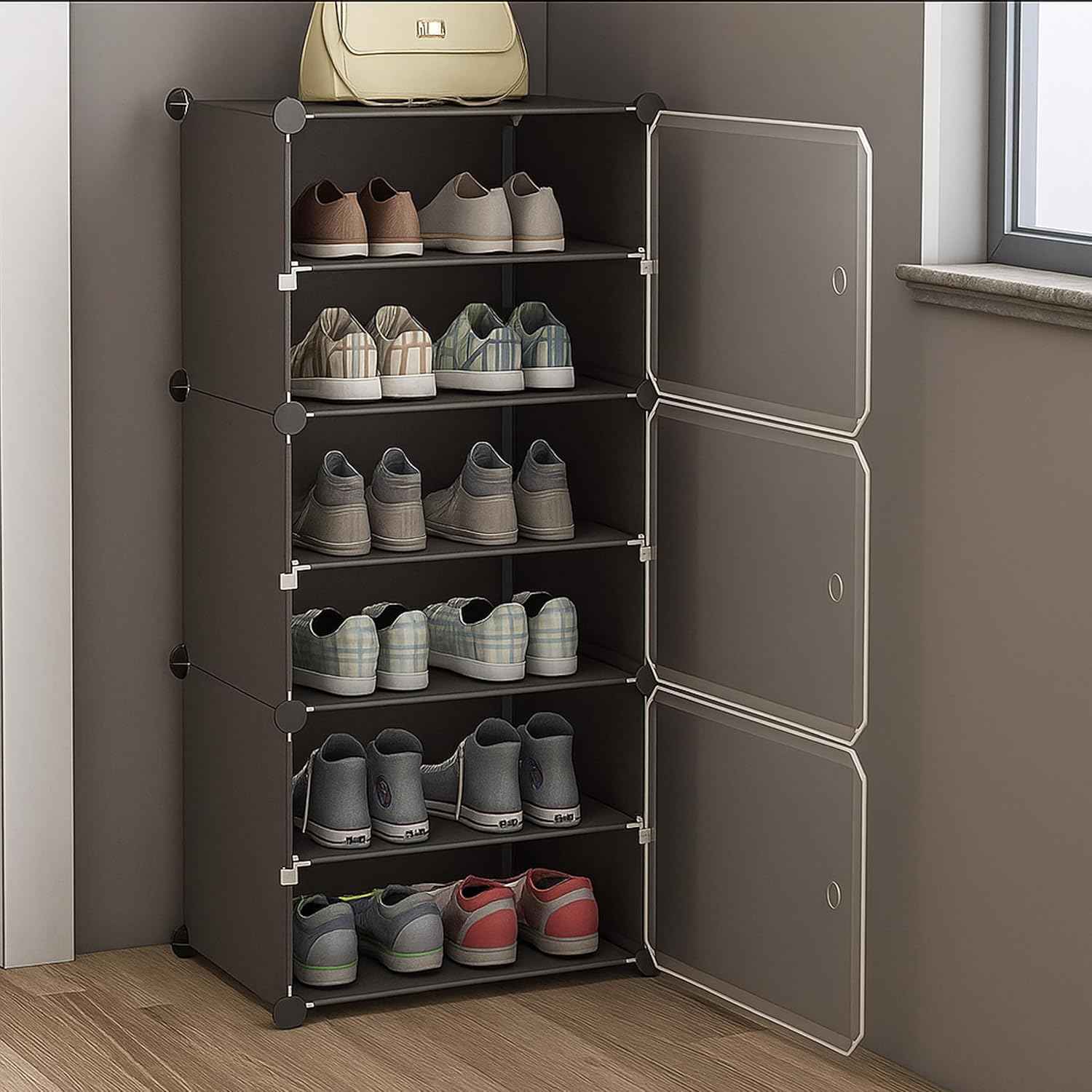 AYSIS Plastic Shoe Rack for Home | 𝟏𝟐 𝐒𝐡𝐞𝐥𝐟 DIY Shoe Rack with Door for Home Storage Plastic Box Organizer, Metal Door Frame, Chappal Slipper Sandals Stand (Black, 12-Shelf-4-Door)