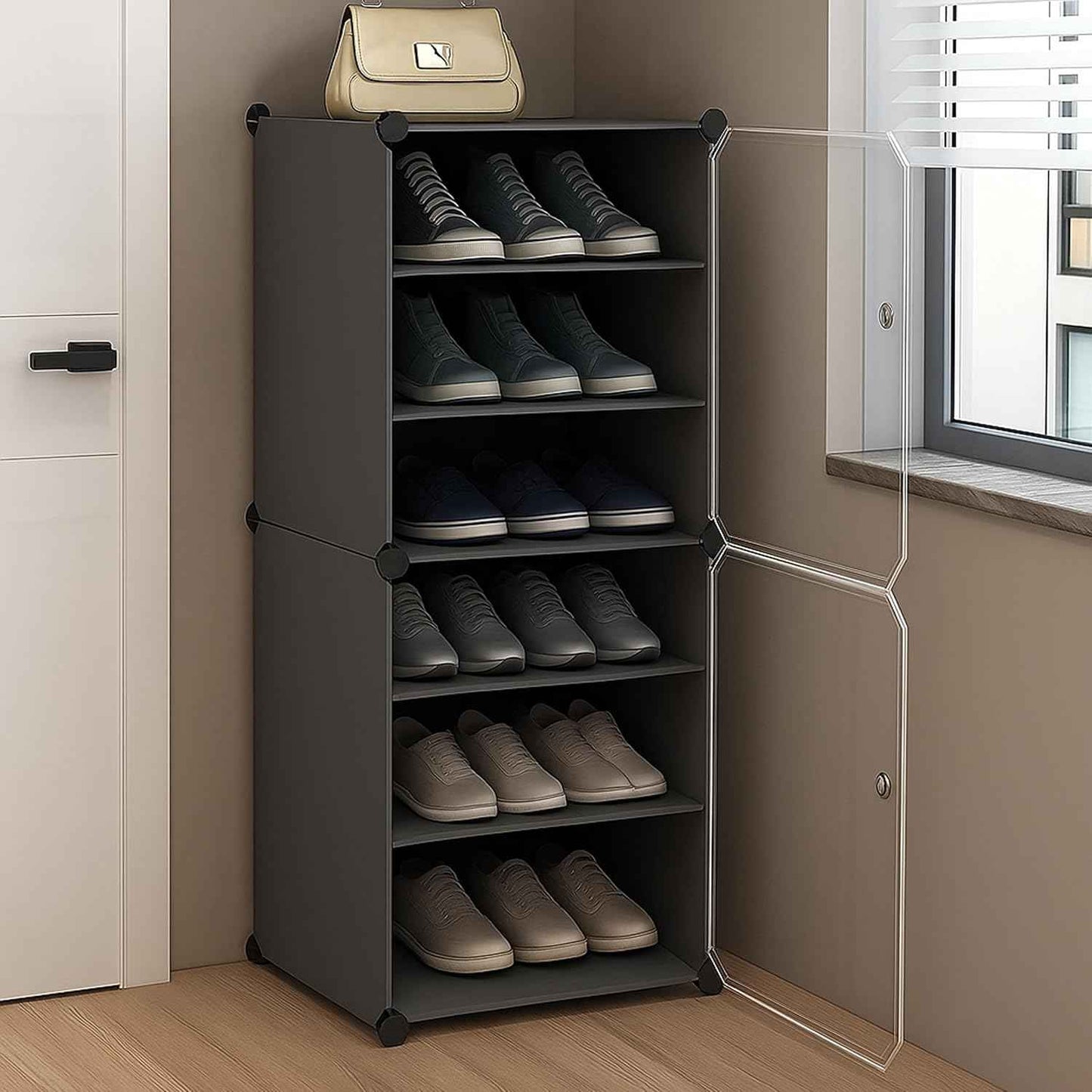 AYSIS Plastic Shoe Rack for Home | 𝟏𝟐 𝐒𝐡𝐞𝐥𝐟 DIY Shoe Rack with Door for Home Storage Plastic Box Organizer, Metal Door Frame, Chappal Slipper Sandals Stand (Black, 12-Shelf-4-Door)